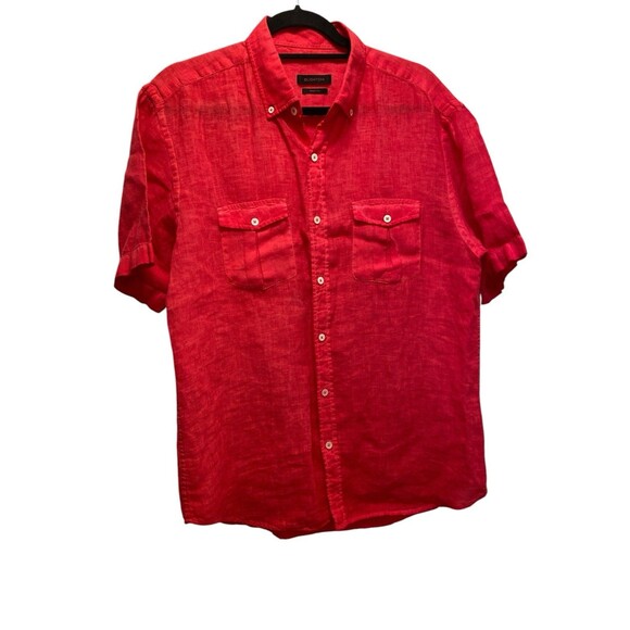 Bugatchi Button Up Shirt Men's Linen Pink Shaped Fit Hawian Short Sleeve Sz L - Picture 3 of 11